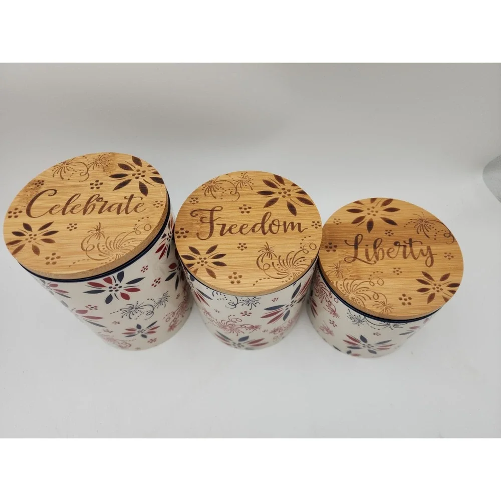 Temptations By Tara Set Of 3 Patriotic Cannisters W/Bamboo Lids